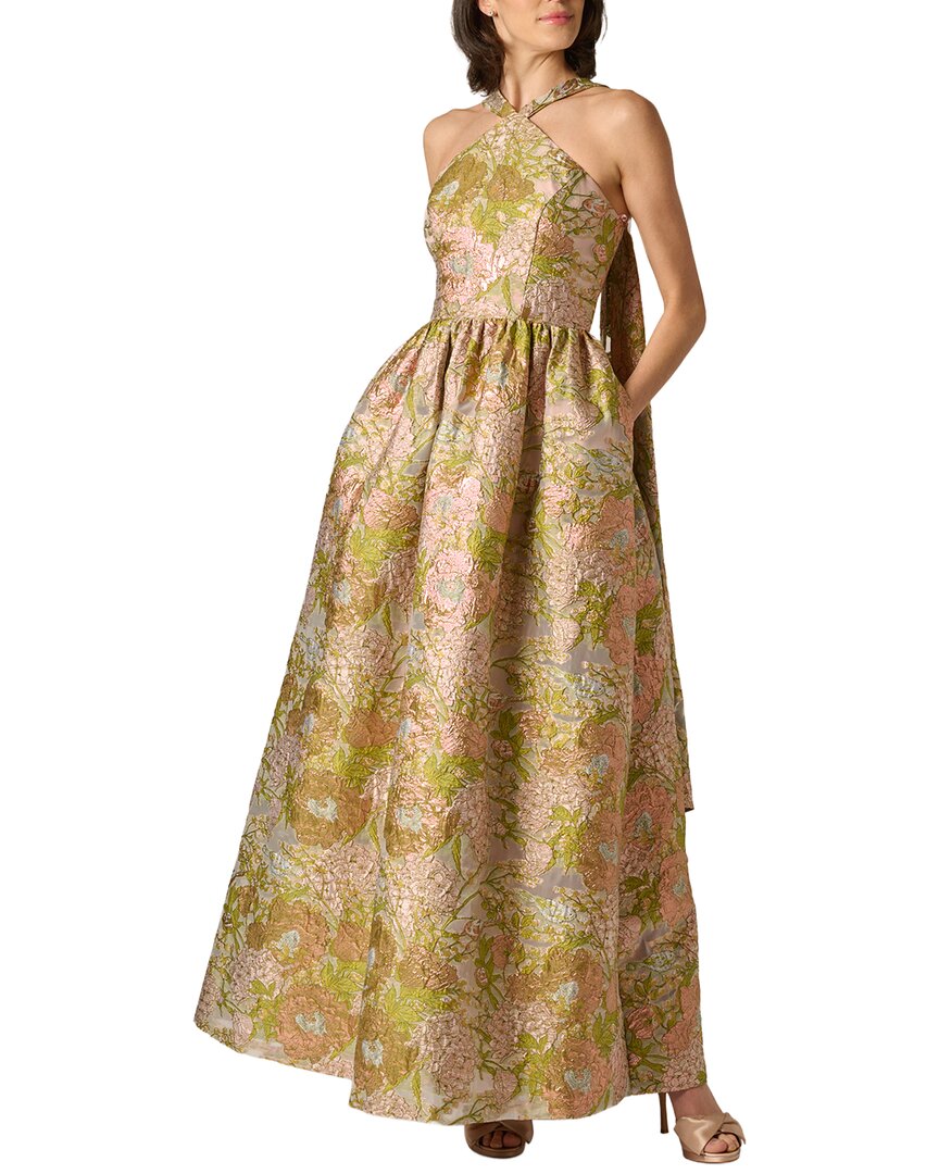Aidan Mattox Floral Jacquard Long Dress In Gold