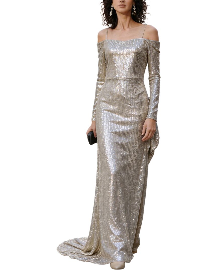 Vincent Embellished Long Sleeve Maxi Dress In Silver