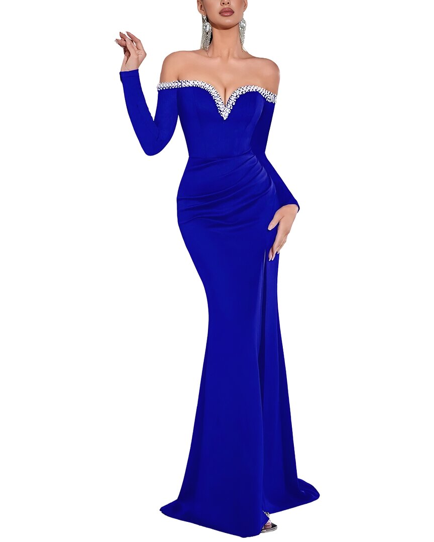 Oloey Embellished Long Sleeve Maxi Dress In Blue