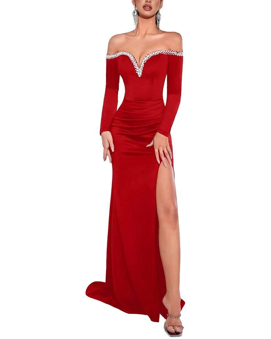 Oloey Embellished Long Sleeve Maxi Dress In Red