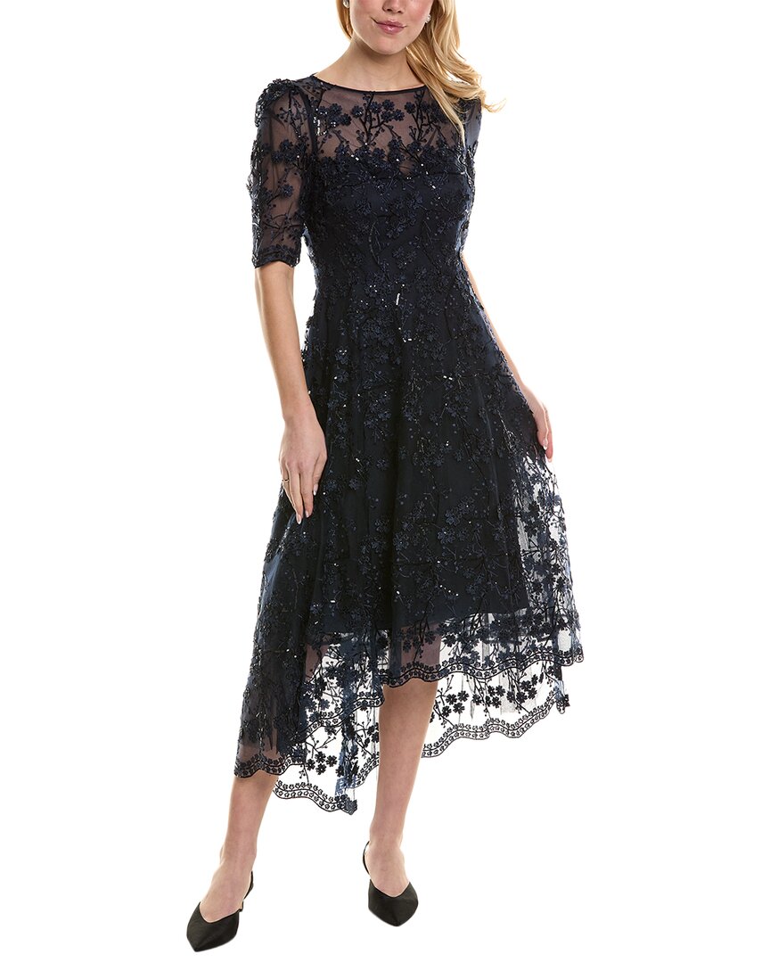 Shop Teri Jon By Rickie Freeman Embroidered Lace Midi Dress In Blue