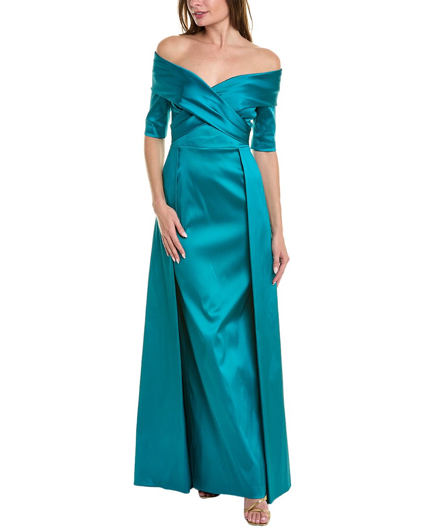 Shop Teri Jon By Rickie Freeman Off-the-shoulder Gown In Blue