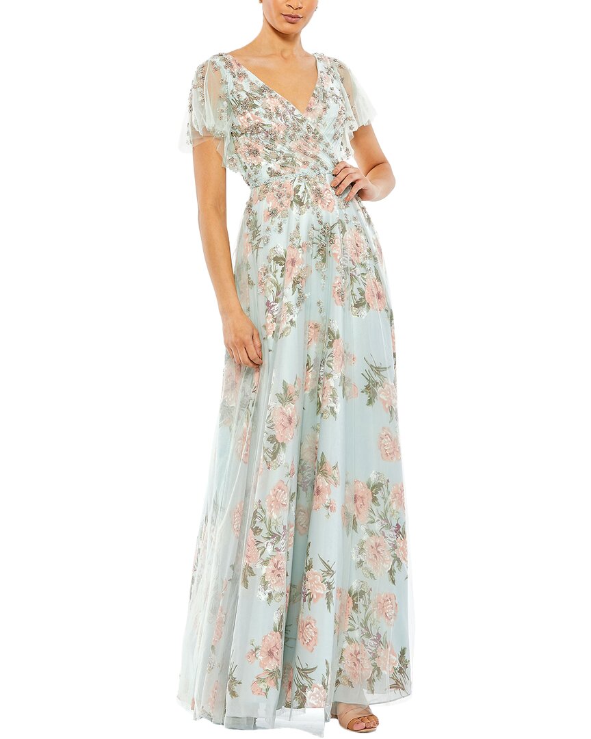 Mac Duggal Embellished Floral Gown With Mesh Flutter Sleeves And Beaded Waist In Multi