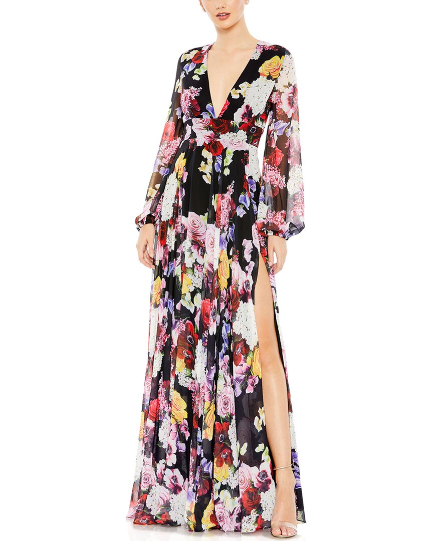 Shop Mac Duggal Floral Print Illusion V Neck Gown