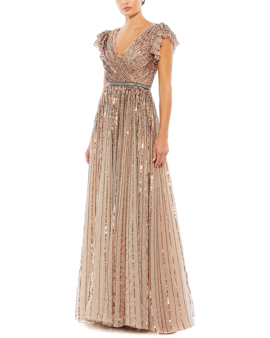 Shop Mac Duggal Sequined Wrap Over Ruffled Cap Sleeve Gown