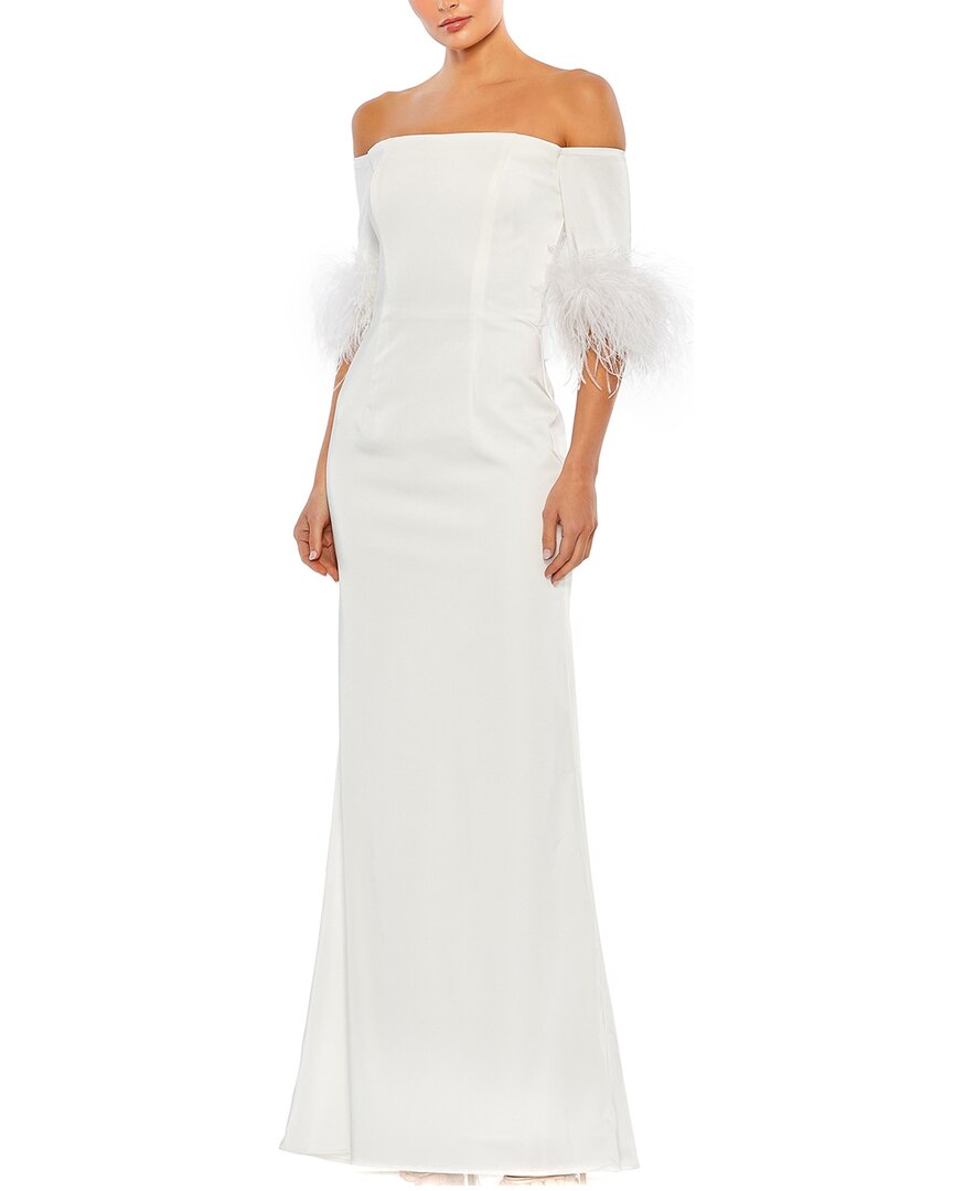 Mac Duggal One-shoulder Gown With Dramatic Puff Sleeve And Thigh-high Slit In White