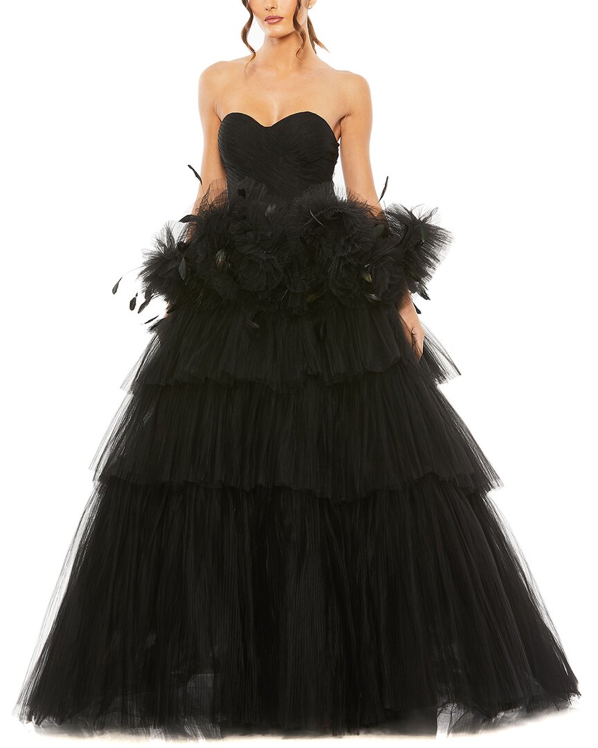 MAC DUGGAL MAC DUGGAL STRAPLESS TULLE GOWN WITH FEATHER DETAIL