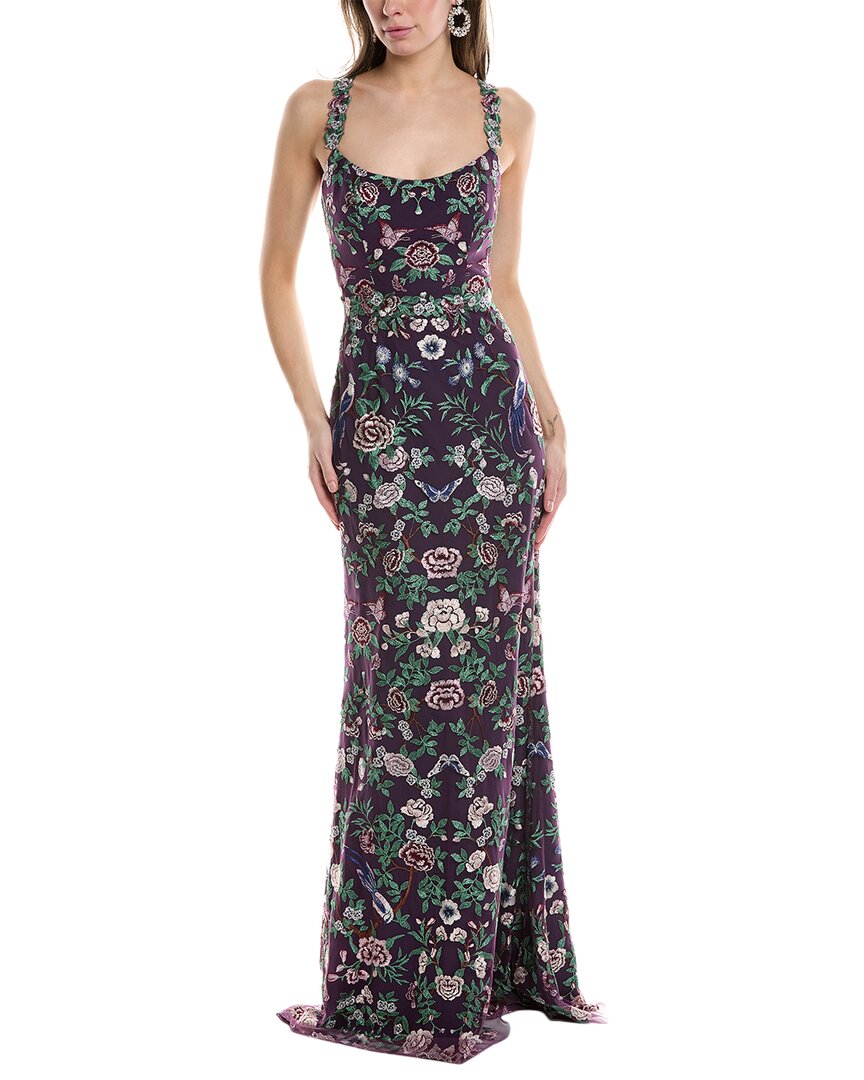 Shop Marchesa Notte Embroidered Gown In Purple