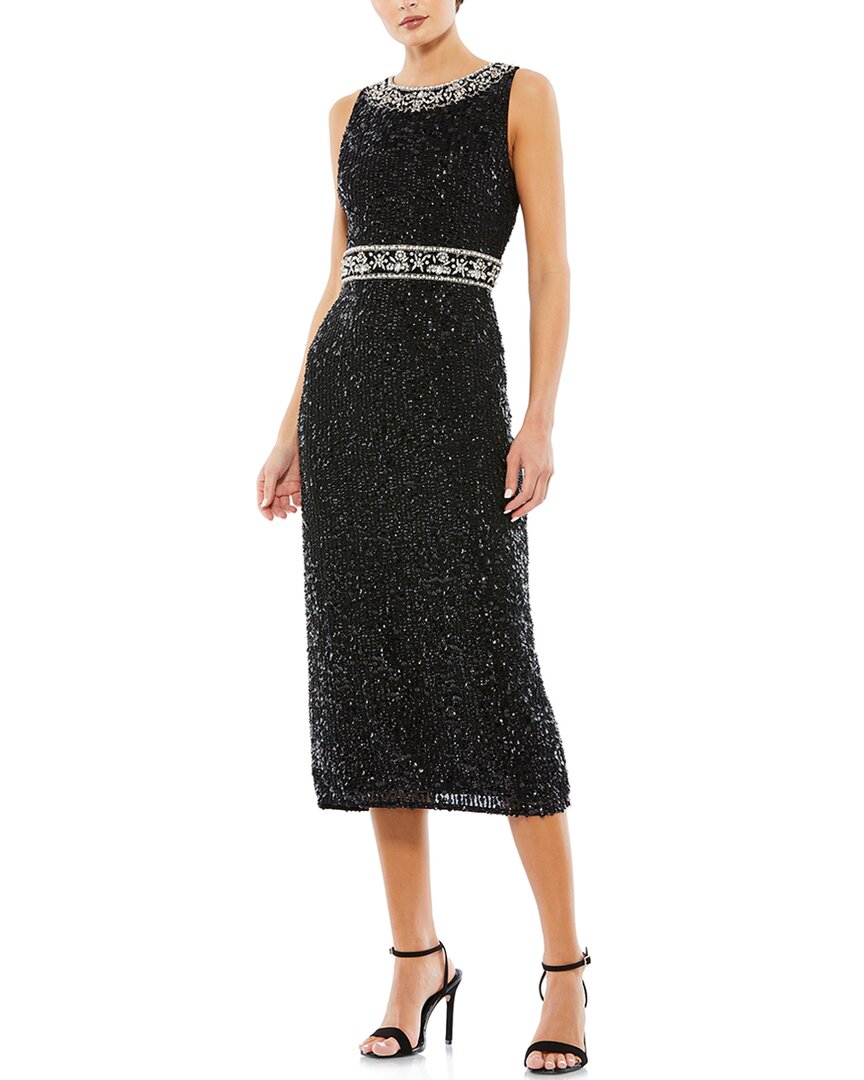 Mac Duggal Sleeveless High Neck Beaded Midi Sheath Dress