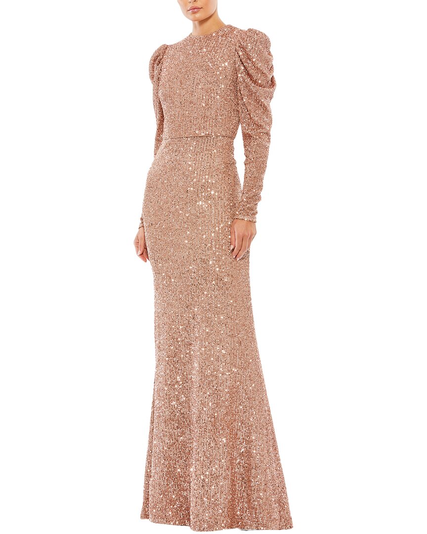 Mac Duggal High Neck Puff Long Sleeve Column Gown In Neutral