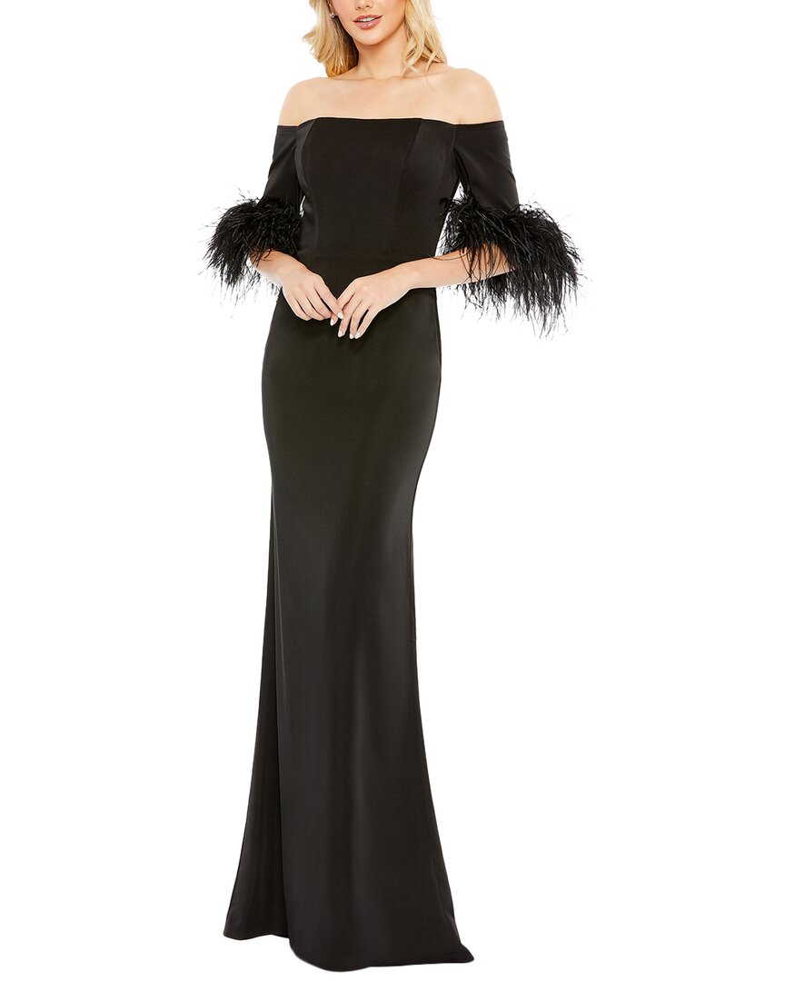Mac Duggal Feather Trim Off The Shoulder Satin Trumpet Gown