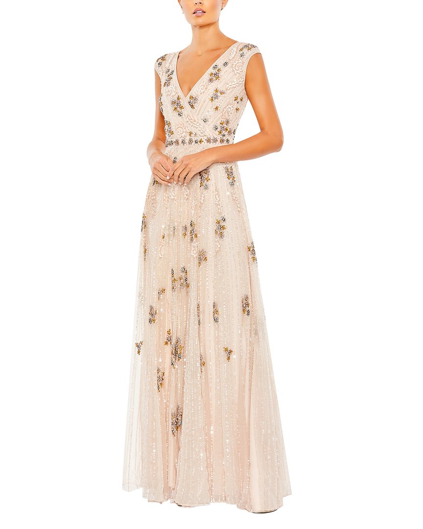 Mac Duggal Beaded Cap Sleeve V-neck Gown
