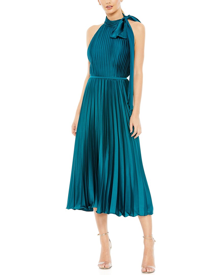 Mac Duggal Pleated High Neck Kitten Bow Midi Dress In Blue