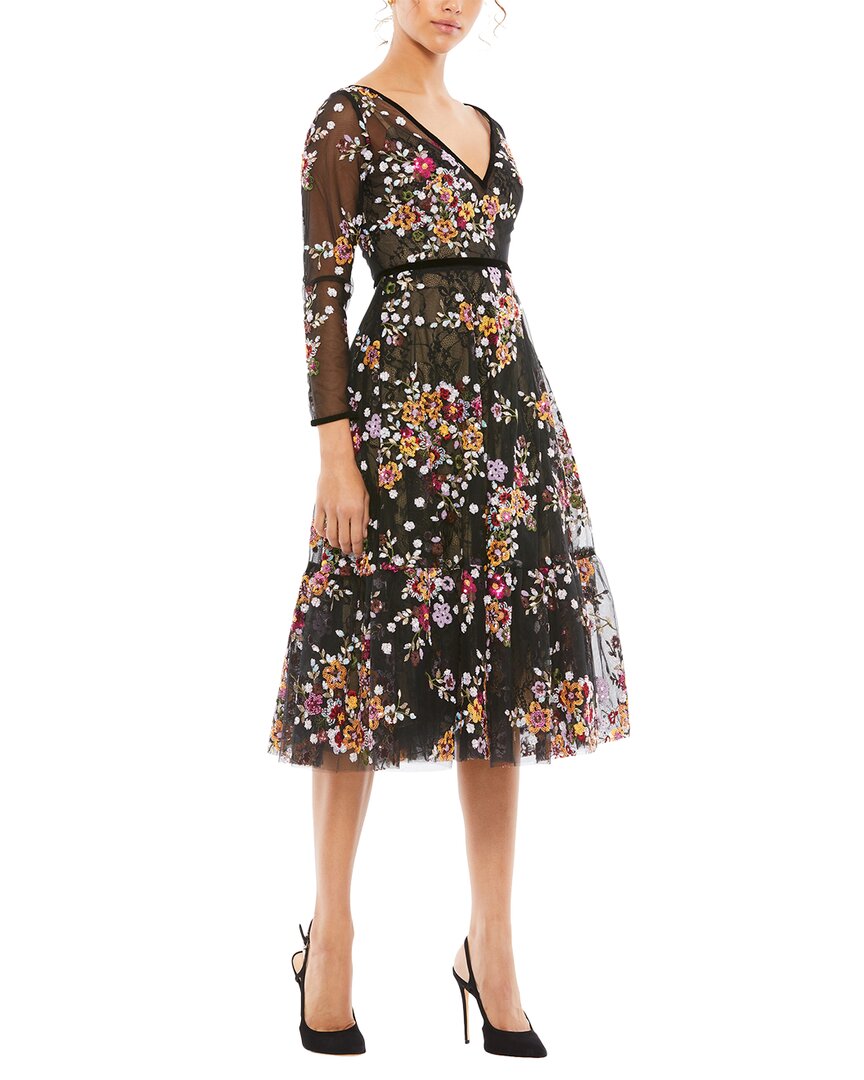 Mac Duggal Sequined Floral Lace Long-sleeve Illusion Dress In Black Multi