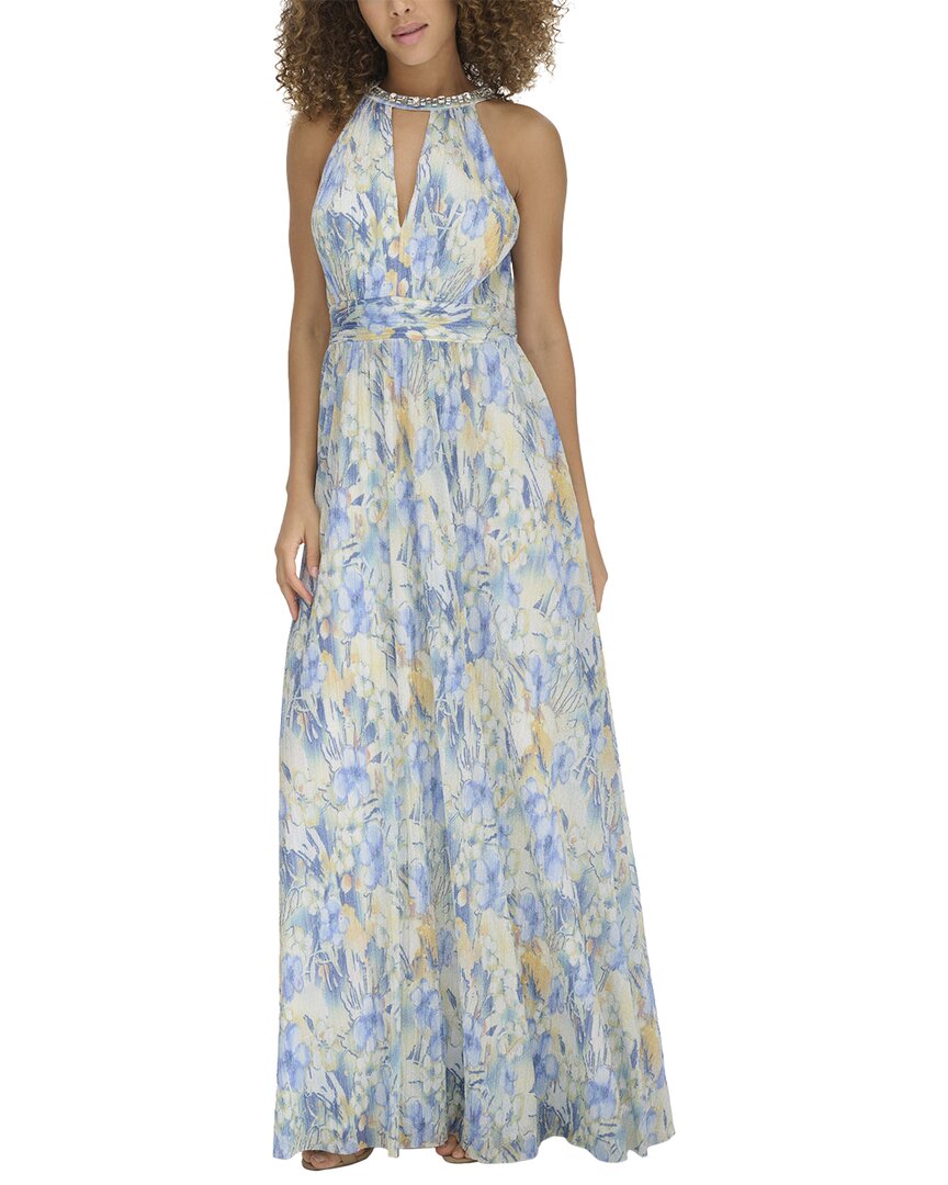 Shop Eliza J Printed Metallic Gown In Blue