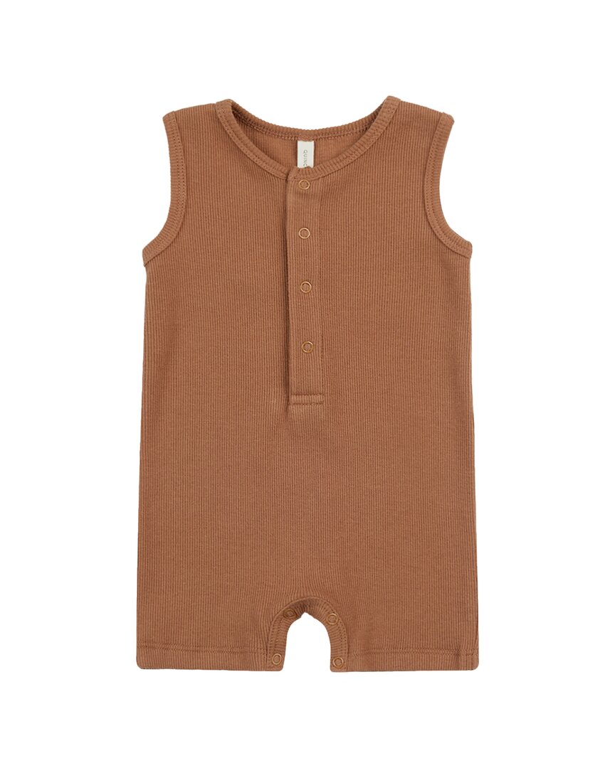Quincy Mae Ribbed Henley Romper In Brown