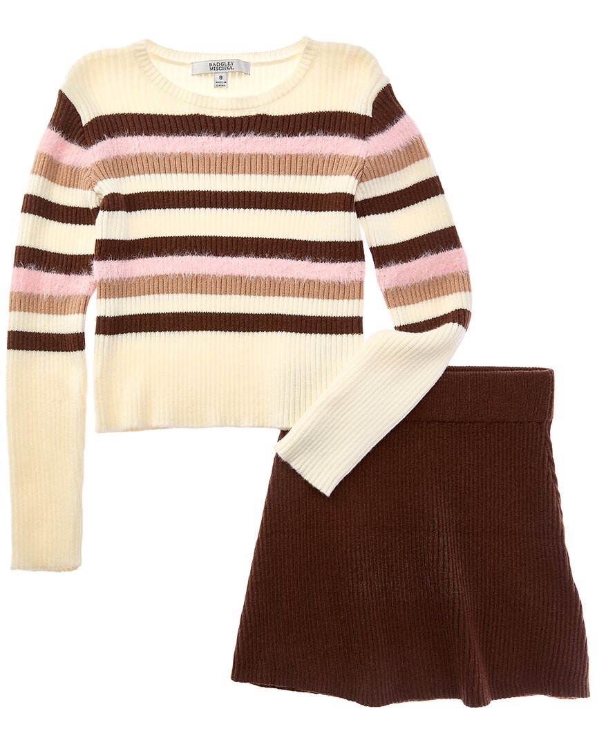 Badgley Mischka 2pc Fuzzy Stripe Sweater & Skirt Set In Brown