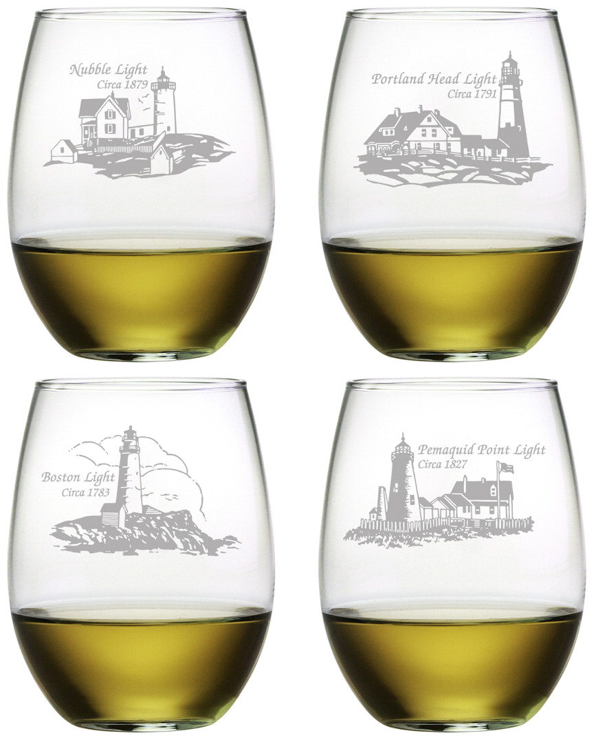 Susquehanna Glass Set Of 4 New England Lighthouse Collection Stemless Wine Glasses