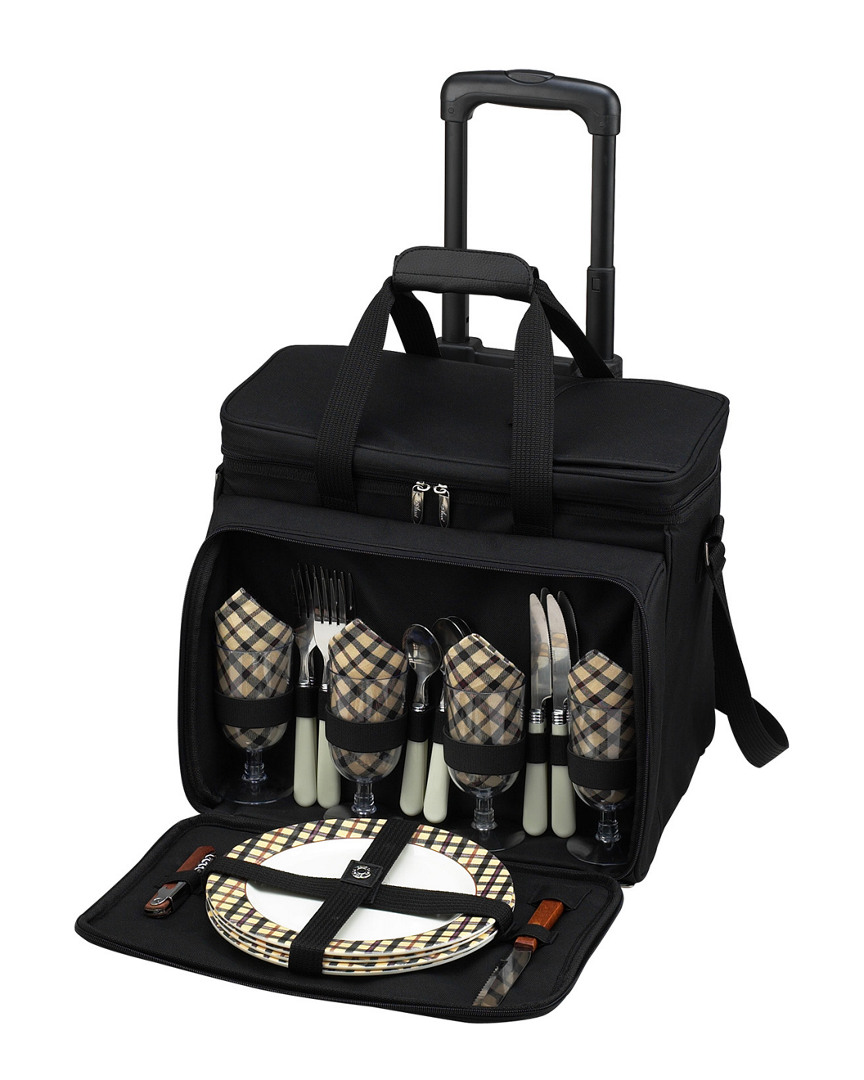 Picnic At Ascot Wheeled Picnic Cooler Set For 4 In Black