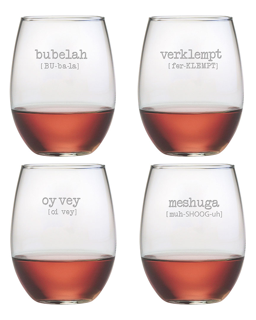 Susquehanna Glass Set Of Four Jewish Words 21oz Stemless Wine Glasses