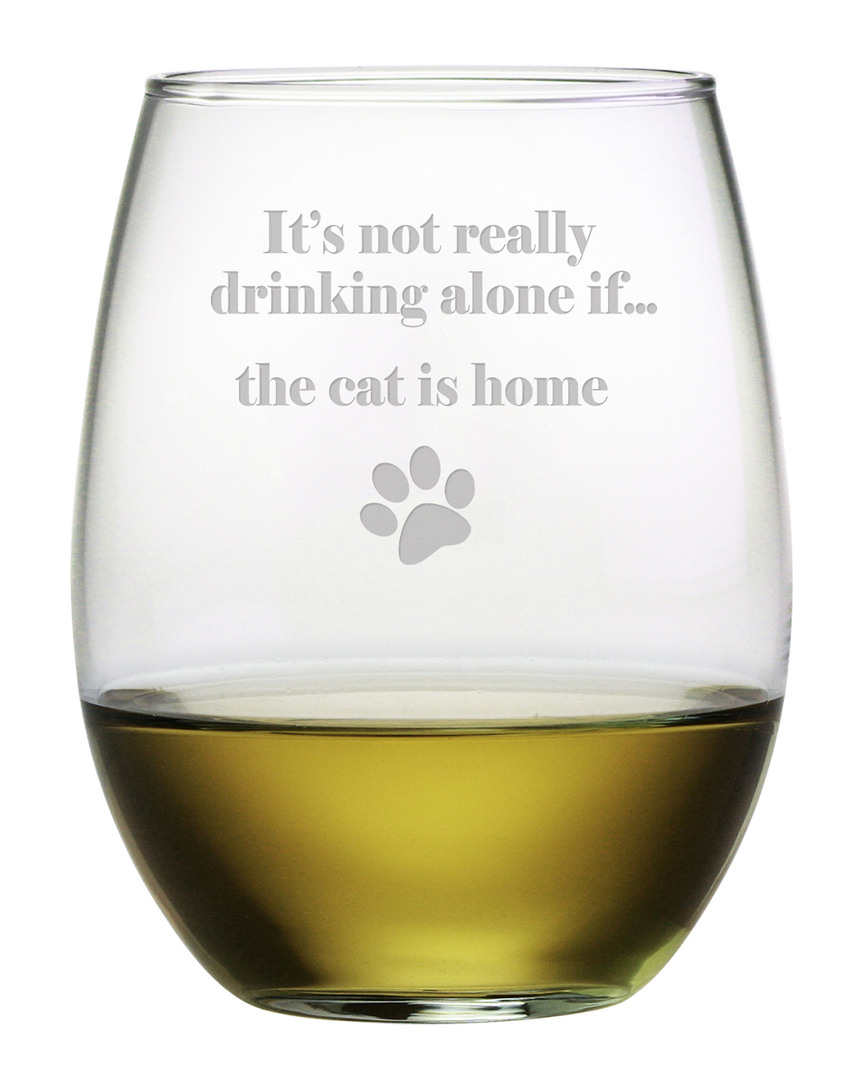 Susquehanna Glass Drinking Alone...cat Is Home Set Of Four 21oz Stemless Glasses