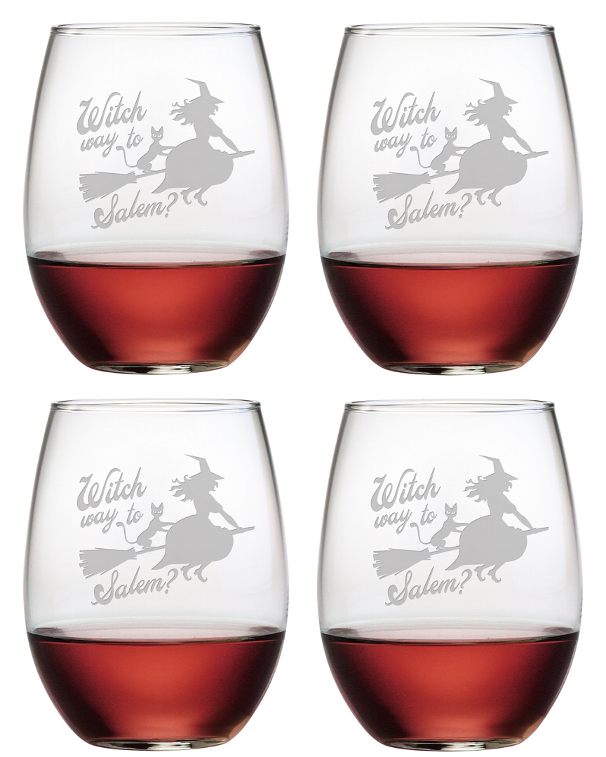 Susquehanna Set Of 4 Witch Way To Salem Stemless Wine Glasses