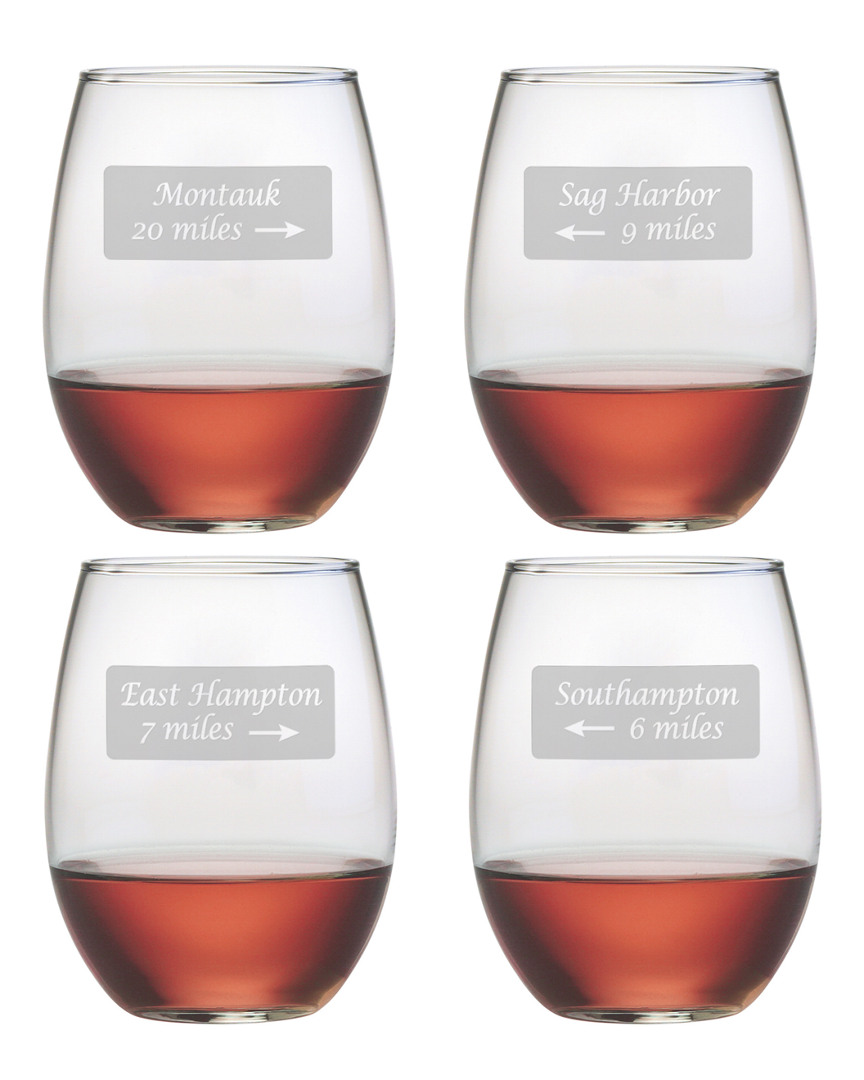 Susquehanna Glass Hamptons Road Signs Set Of 4 Stemless Wine Glasses
