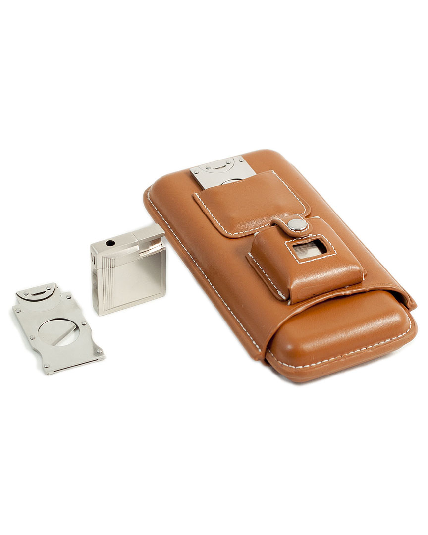 Bey-berk Leather 3-cigar Holder With Cutter In Black