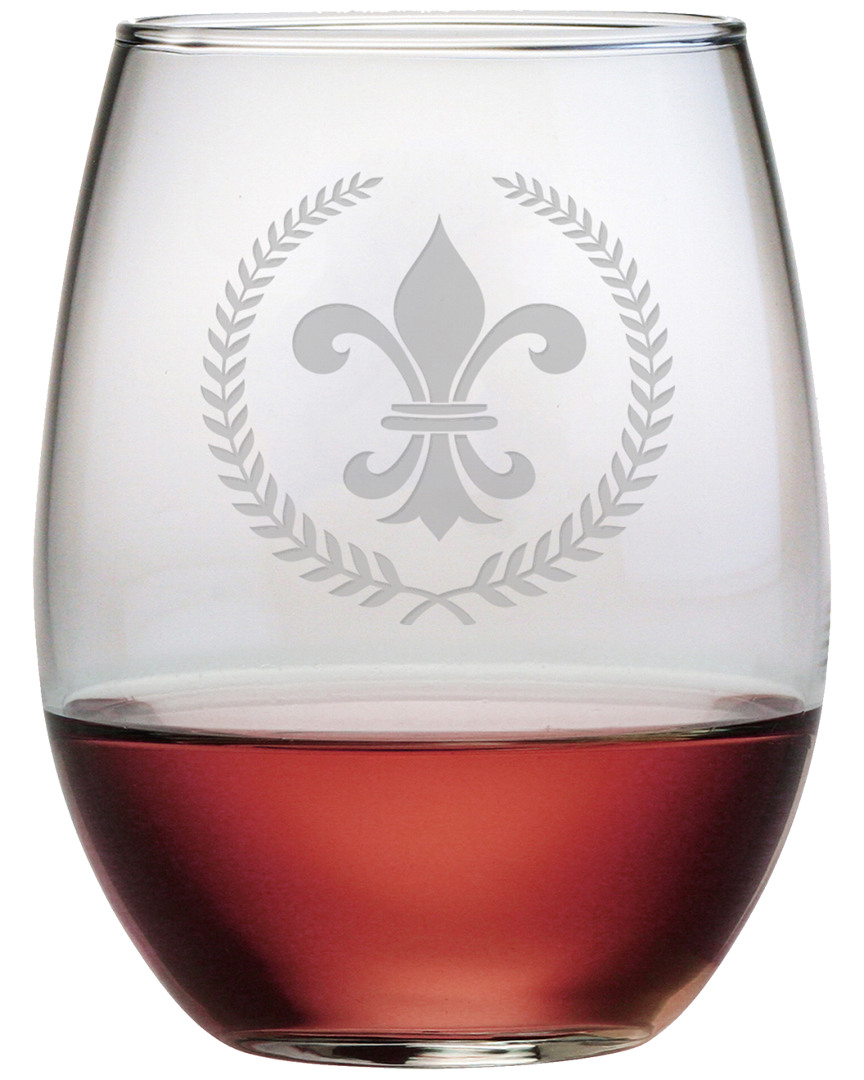 Susquehanna Set Of Four 21oz Crested Fleur De Lis Stemless Wine