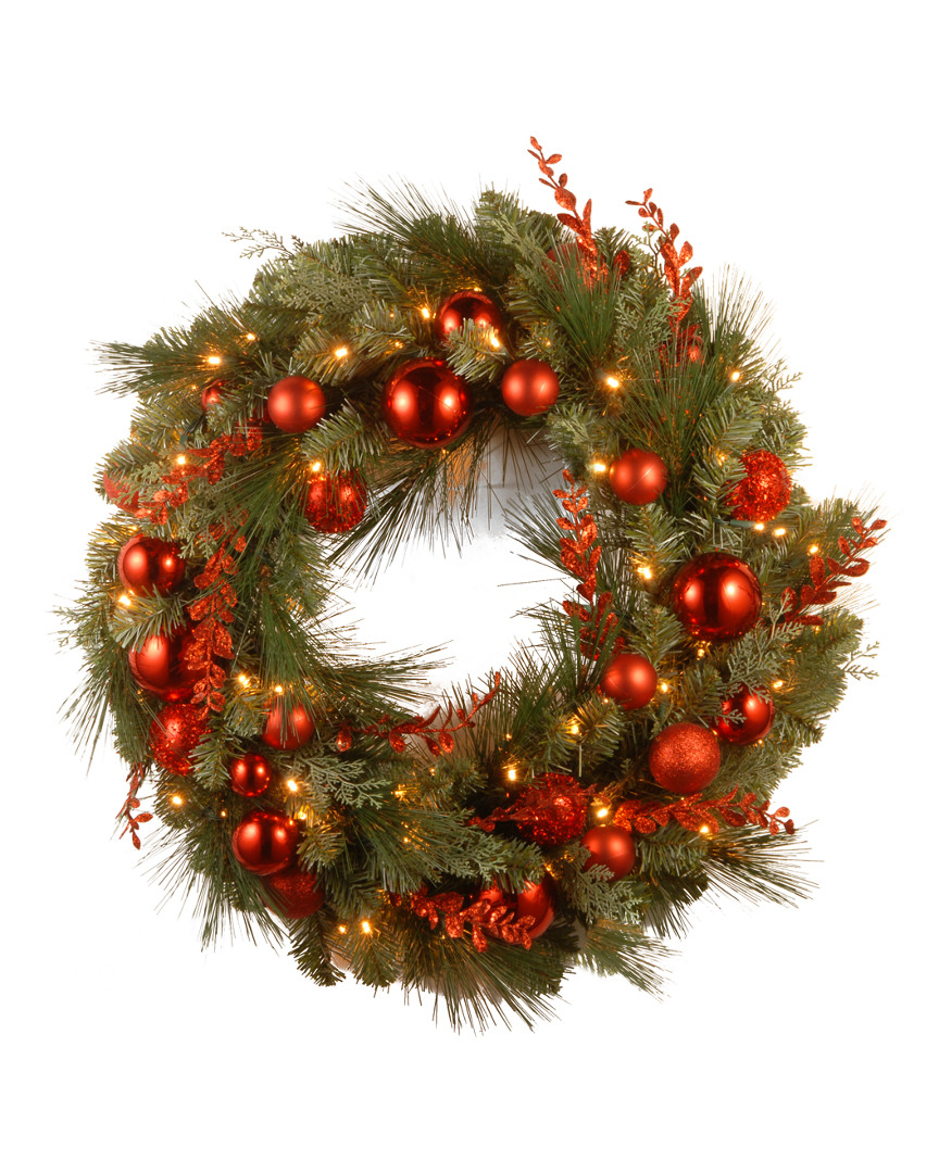 National Tree Company 24in Decorative Red Mixed Wreath With Battery Operated Warm White Led Lights