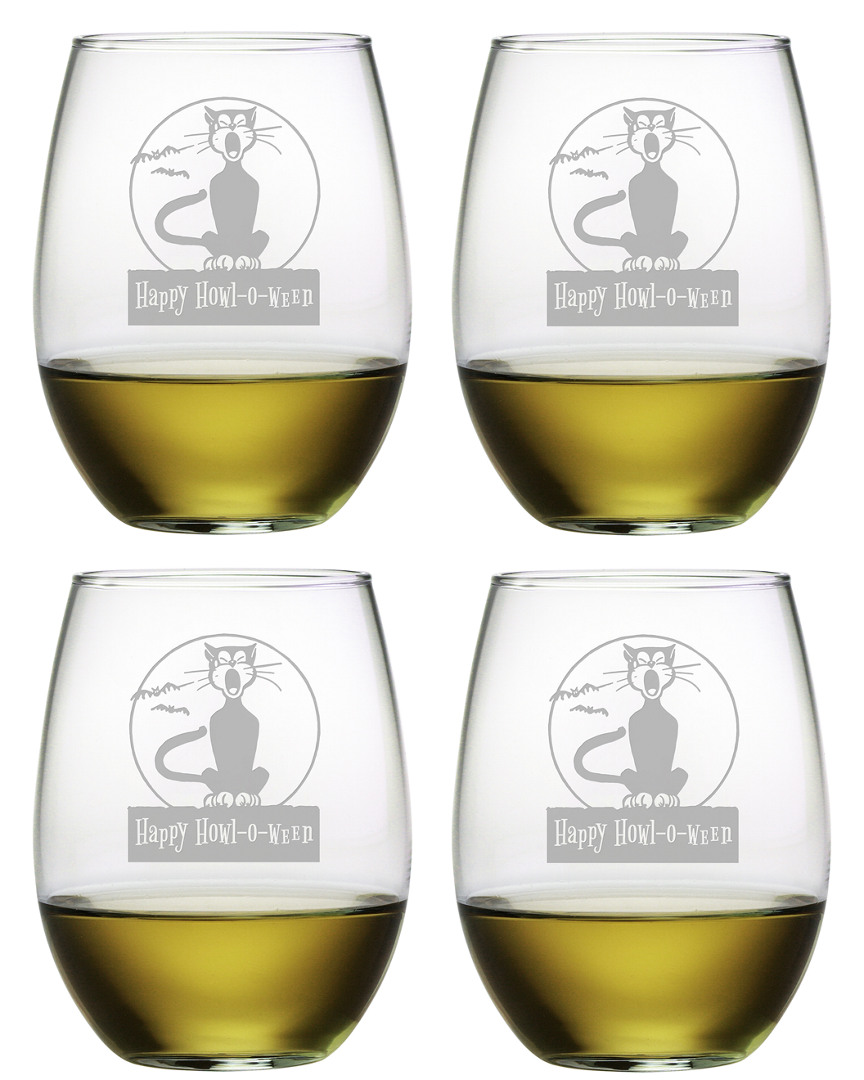 Susquehanna Set Of 4 Black Cat Howl-o-ween Stemless Wine Glasses
