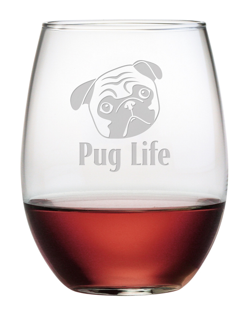 Susquehanna Glass Pug Life Set Of Four 21oz Stemless Wine Glasses