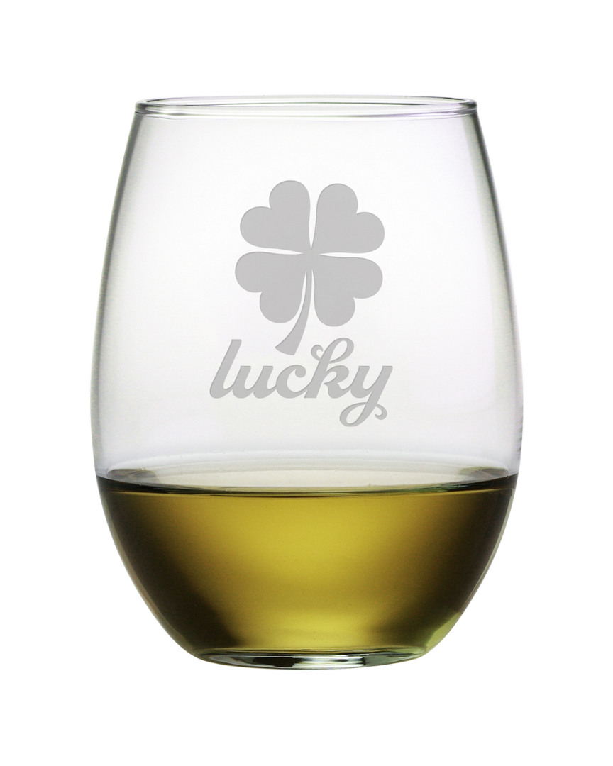 Susquehanna Glass Lucky Shamrock Set Of 421oz Stemless Wine Glasses