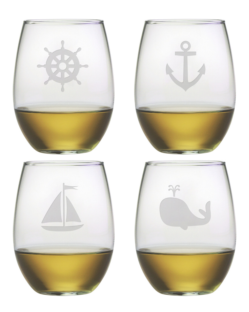 Susquehanna Glass Set Of Four Nautical Icons 21oz Stemless Wine Glasses