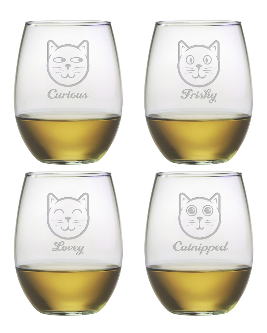 Susquehanna Glass Set Of 4 Feline Faces Assortment Stemless Wine Tumblers