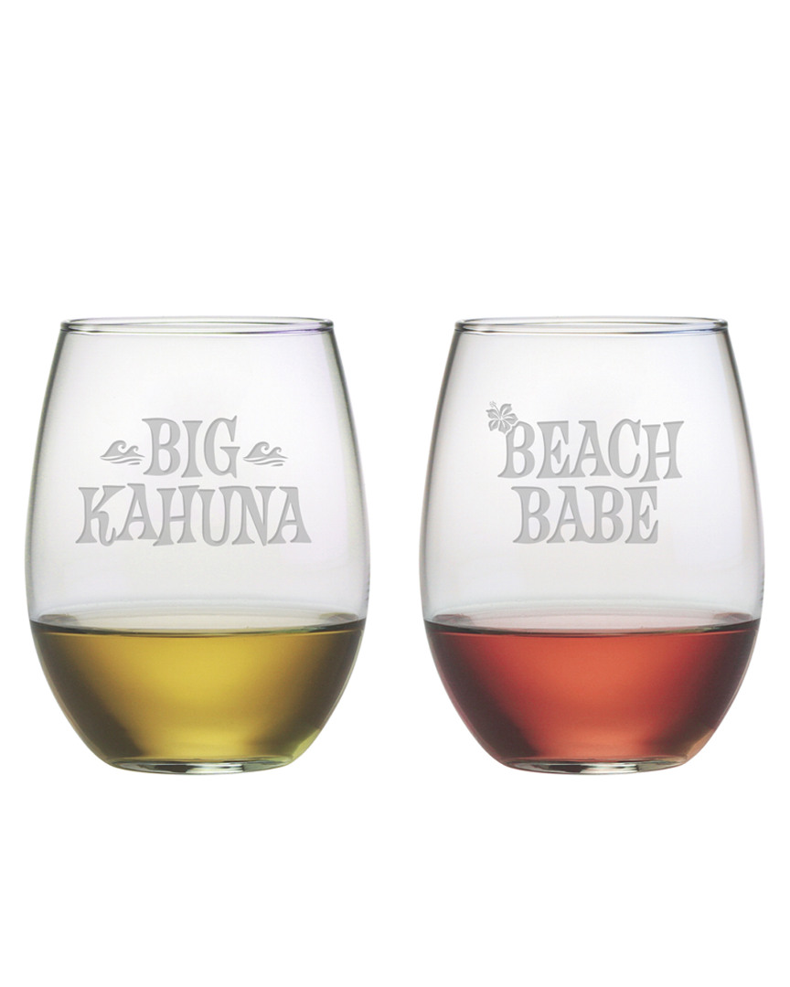 Susquehanna Glass Set Of 2 Big Kahuna & Beach Babe Stemless Wine Glasses