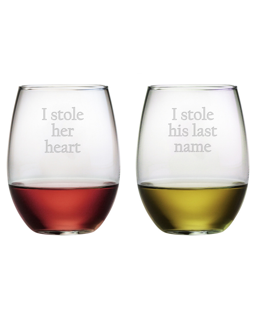 Susquehanna Glass Set Of 2 21oz Stole Her Heart Stemless Wine Glasses