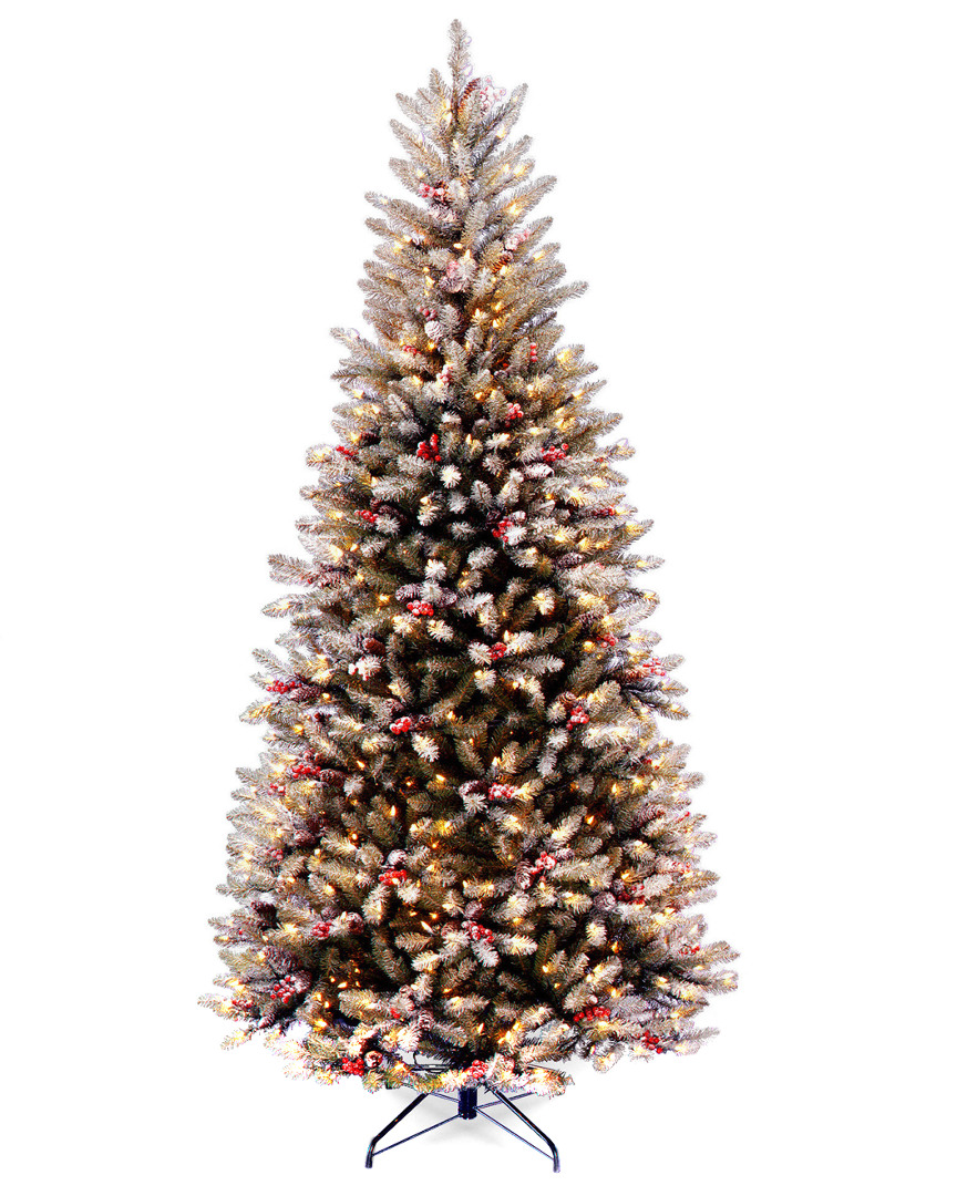 National Tree Company 7.5ft Dunhill Fir Slim Tree With Snow, Red Berries, Cones And Clear Lights