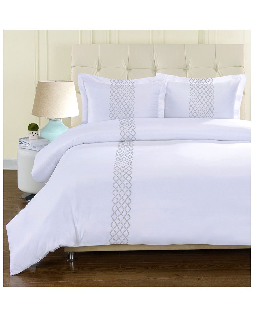 Superior Discontinued  Hannah Geometric Embroidered Microfiber Duvet Cover Set, Includes Pillowsham In White