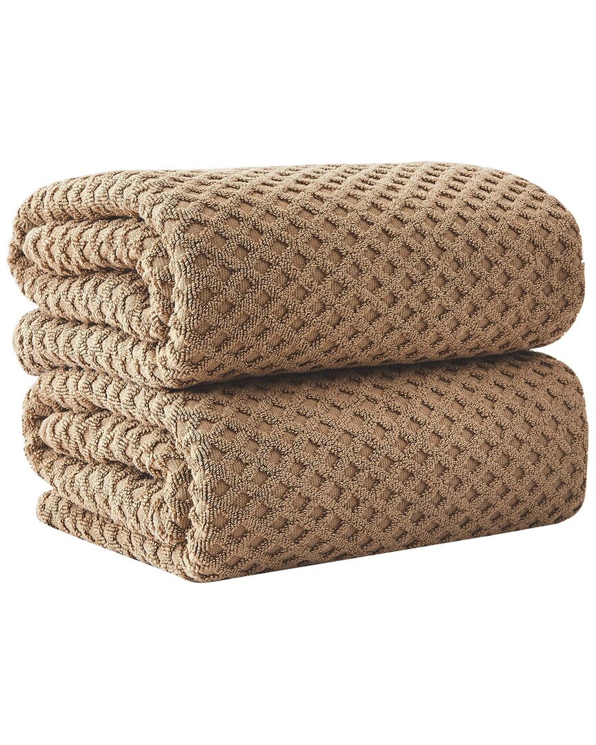 Linery & Co Cotton Diamond Waffle Texture Bath Towels In Brown