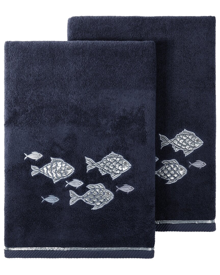 Linum Home Textiles Turkish Cotton Figi 2pc Embellished Bath Towel Set In Blue
