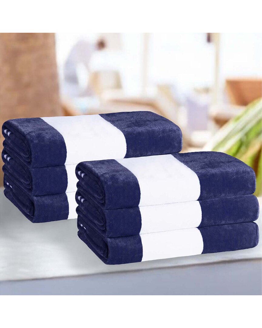 Superior Set Of 6 Cabana Stripe Oversized Cotton Beach Towels In Blue