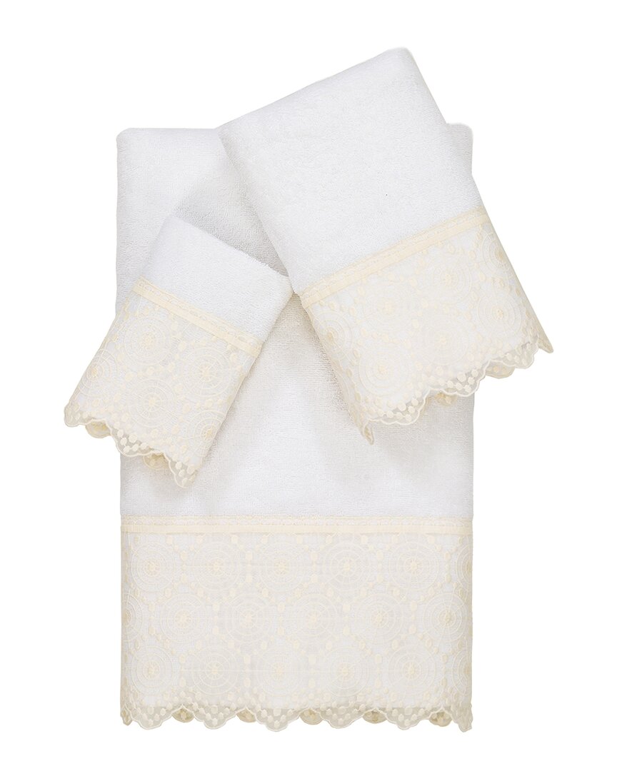 Linum Home Textiles 100% Turkish Cotton Arian 3pc Cream Lace Embellished Towel Set In White