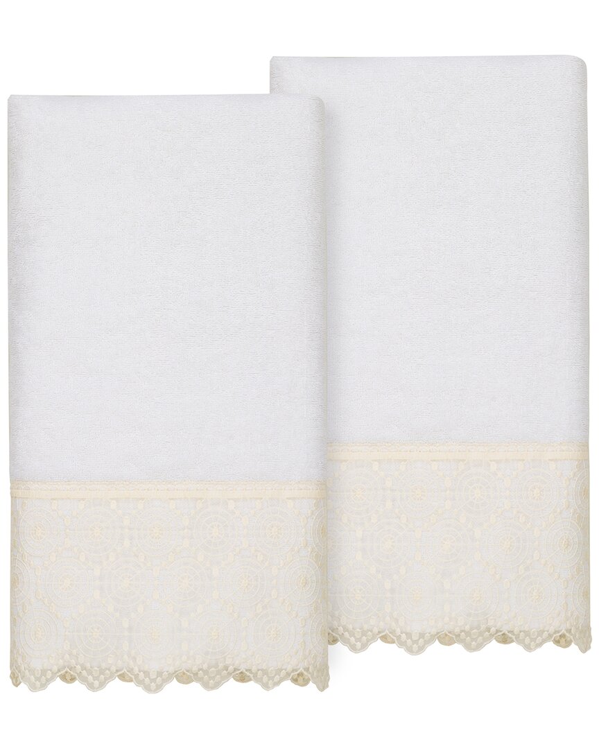 Linum Home Textiles 100% Turkish Cotton Arian 2pc Cream Lace Embellished Bath Towel Set In White