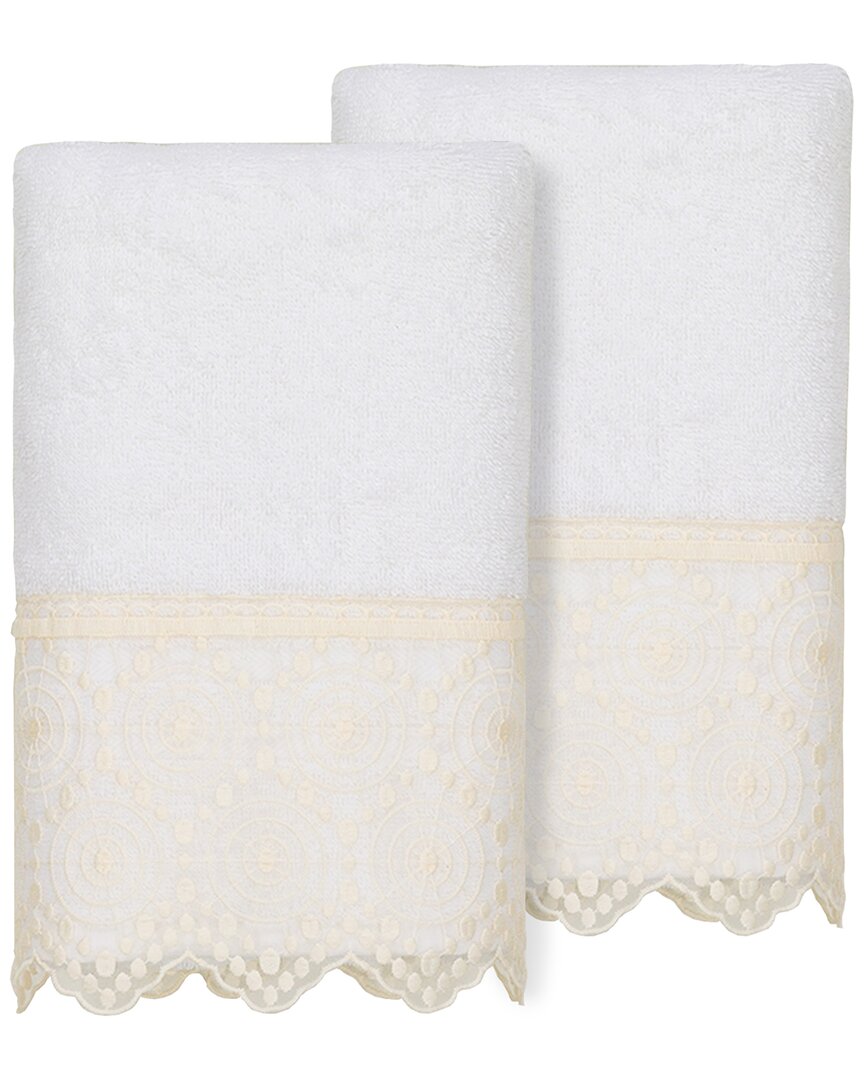Linum Home Textiles 100% Turkish Cotton Arian 2pc Cream Lace Embellished Hand Towel Set In White