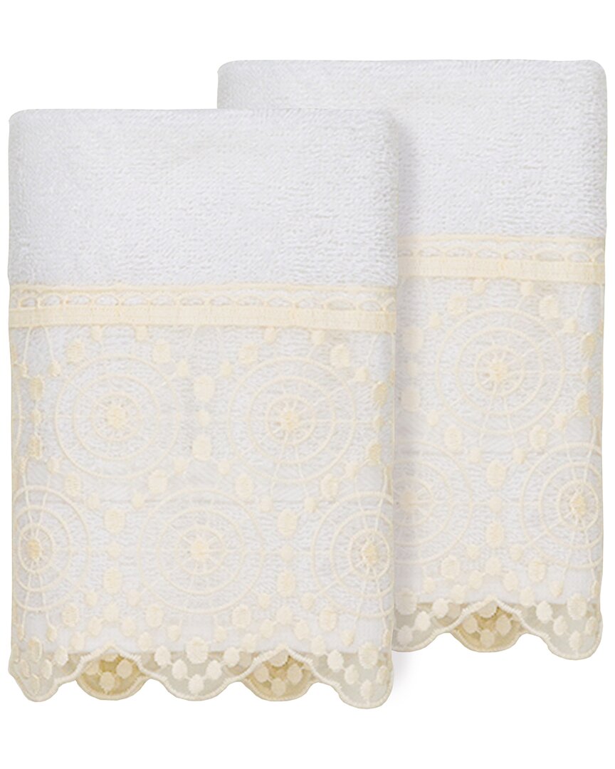 Linum Home Textiles 100% Turkish Cotton Arian 2pc Cream Lace Embellished Washcloth Set In White