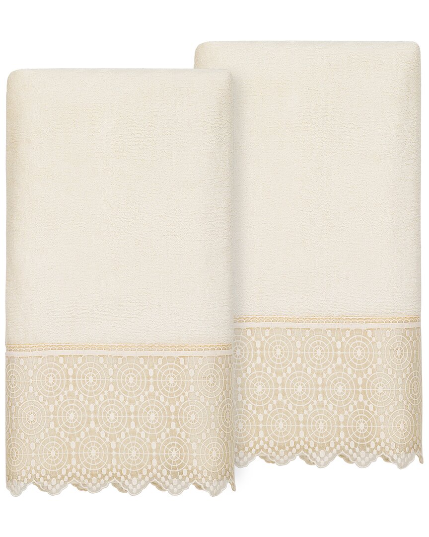 Linum Home Textiles 100% Turkish Cotton Arian 2pc Cream Lace Embellished Bath Towel Set In Neutral