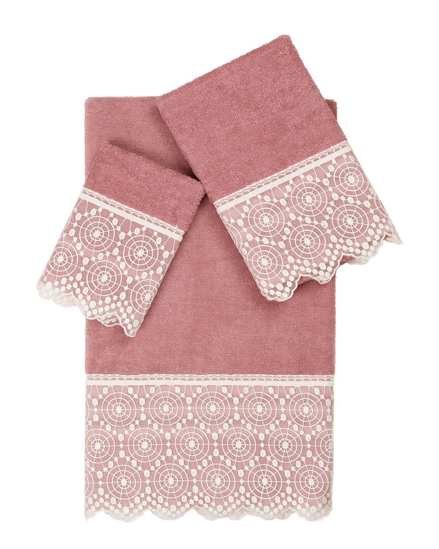 Linum Home Textiles 100% Turkish Cotton Arian 3pc Cream Lace Embellished Towel Set In Pink