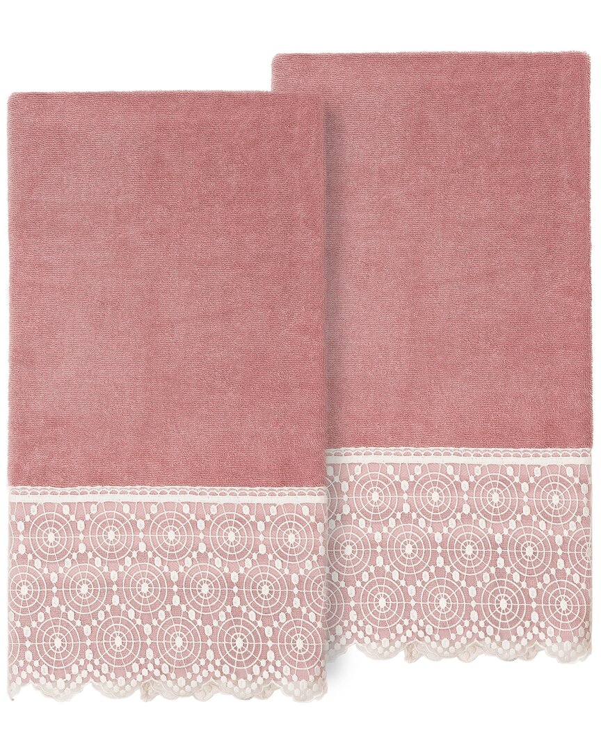 Linum Home Textiles 100% Turkish Cotton Arian 2pc Cream Lace Embellished Bath Towel Set In Pink