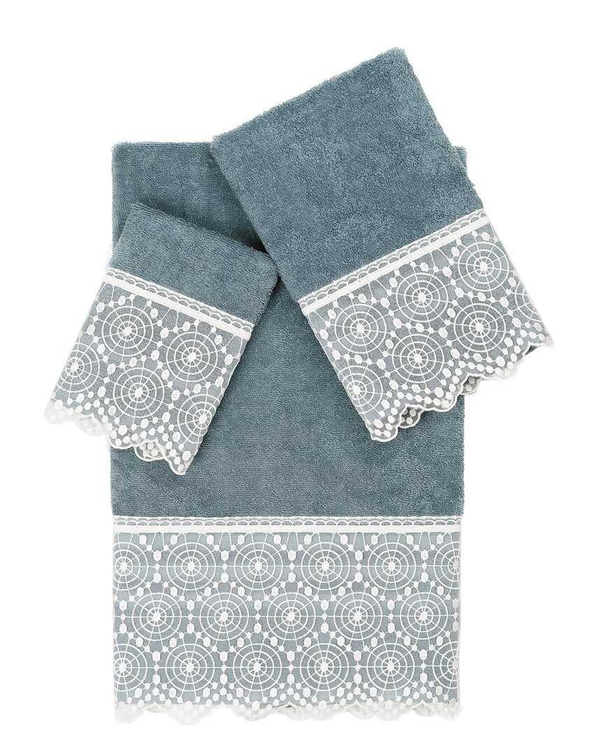 Linum Home Textiles 100% Turkish Cotton Arian 3pc Cream Lace Embellished Towel Set In Teal